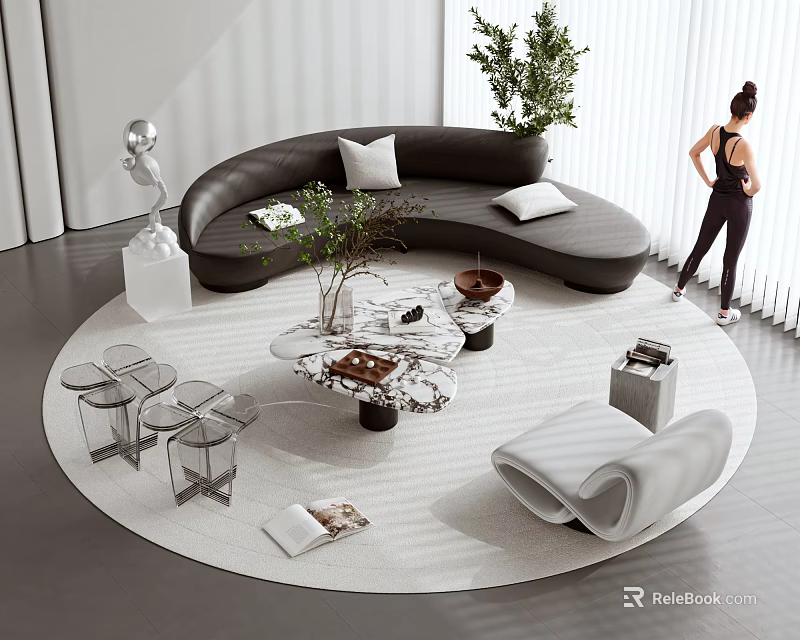 Modern Living Room Curved Black Sofa With White Cushions And Marble Coffee Table Set 3d model 