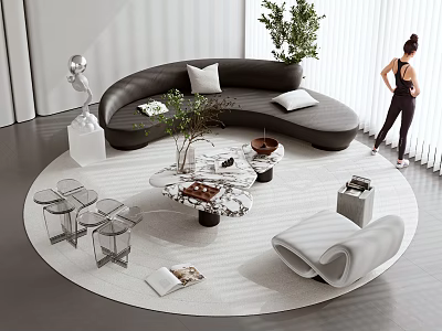 Modern Living Room Curved Black Sofa With White Cushions And Marble Coffee Table Set 3d model