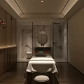 Luxury SPA Sauna Interior With Wooden Walls Massage Table Round Mirror And Soft Lighting