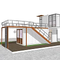 Modern Container Cafe With Transparent Windows Terrace Tables Chairs Umbrellas And Green Plants
