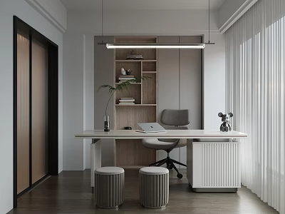 Modern Study Room Interior With Wooden Desk Ergonomic Chair Bookshelf And Potted Plant 3d model