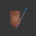 Medieval Weapon Display Featuring Red Wooden Shield Black Border And Golden Hilt Silver Sword
