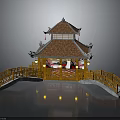 Traditional Chinese Pavilion With Double Tiered Red Tiled Roof Yellow Wooden Railings And Stone Bridge
