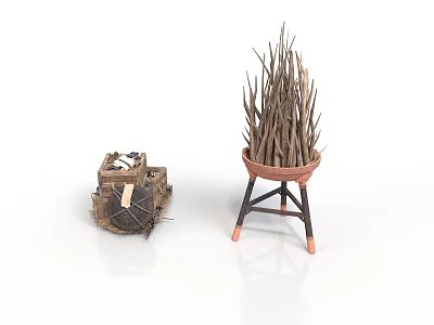 Rustic Wooden Crate With Wheels And Stick Filled Basket On Tripod Stand 3d model