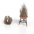 Rustic Wooden Crate With Wheels And Stick Filled Basket On Tripod Stand