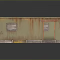 Cartoon Style Small Rusty Metal Shed With Open Doorway Wooden Base And Yellow Marks