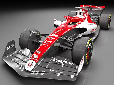 Red And White Formula 1 Racing Car With Aerodynamic Front Wing And Acceleron Sponsor 3d model