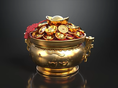 Golden Decorative Urn Filled With Gold Ingots Coins And Red Ornaments 3d model