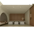 Modern Beauty Hair Salon Interior With Treatment Beds Wooden Wall Round Mirror And Soft Lighting