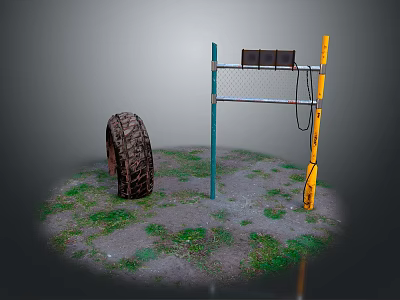 Old Rubber Tire Beside Metal Frame With Solar Panel On Grassy Ground 3d model