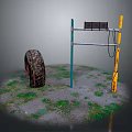 Old Rubber Tire Beside Metal Frame With Solar Panel On Grassy Ground