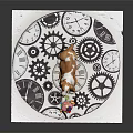 Brown and white Basset Hound lying on circular gear clock pattern mat with colorful toy