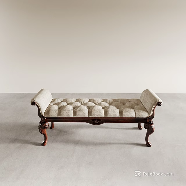 Traditional Tufted Ottoman With Rolled Arms Carved Wooden Legs And Beige Upholstery 3d model 