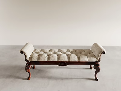 Traditional Tufted Ottoman With Rolled Arms Carved Wooden Legs And Beige Upholstery 3d model