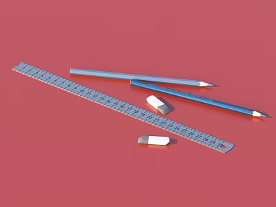 Stationery Items Including Ruler Pencils and Erasers on Red Background 3d model