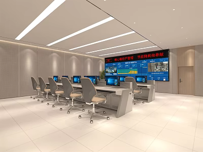 Modern Control Room Interior With Multiple Computer Monitors Large Display Screen And Operator Chairs 3d model