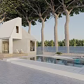 White Detached Villa Exterior With Tall Trees And Reflecting Pool In Courtyard