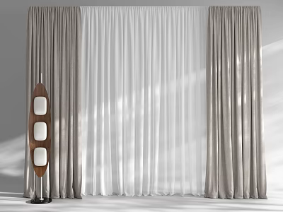 Elegant grey and white curtains with white sheer panels in modern room and floor lamp 3d model