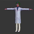 Character Wearing Blue Long Coat White Pants Glasses with Arms Outstretched Against Gray Gradient Background