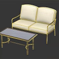 Modern Two Seater Sofa With White Cushions Black Metal Armrests And Gray Top Coffee Table