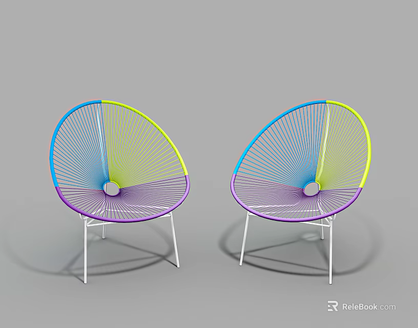 Two Colorful Woven Leisure Chairs With Rounded Design And White Metal Legs 3d model 