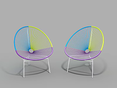 Two Colorful Woven Leisure Chairs With Rounded Design And White Metal Legs 3d model