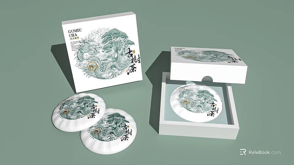 Chinese Green Tea Cakes In Opened White Boxes With Traditional Landscape Art 3d model 