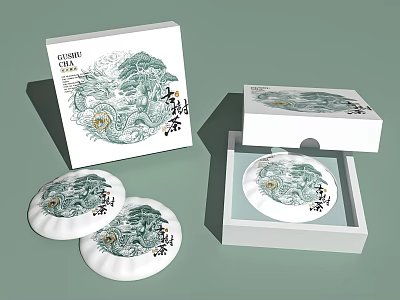 Chinese Green Tea Cakes In Opened White Boxes With Traditional Landscape Art 3d model
