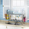 Kitchenware in Modern Kitchen with Blue Tiled Backsplash White Shutters Window Dish Rack and Sink 3d model