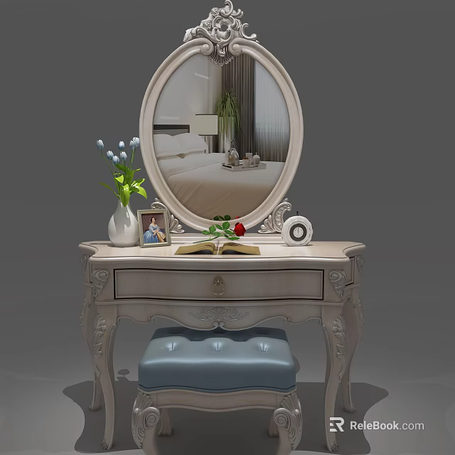 Elegant White Dressing Table With Round Mirror Carved Details And Blue Upholstered Stool 3d model 