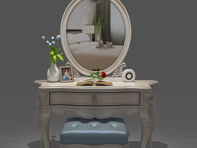 Elegant White Dressing Table With Round Mirror Carved Details And Blue Upholstered Stool 3d model