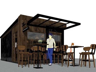 Modern Café Exterior With Wooden Structure Black Canopy And Outdoor Seating Area 3d model