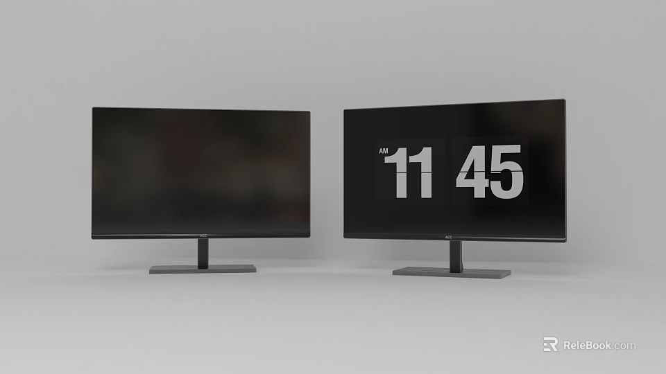 Two Black Computer Monitors One Displaying 11 45 Time On Screen 3d model