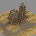 Multi Story Wooden Building With Tower Balconies And Gabled Roof On Grassland