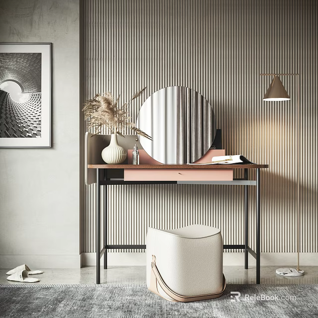 Modern Dressing Table Interior Design With Circular Mirror Soft Stool And Striped Wall 3d model 