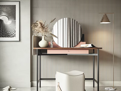 Modern Dressing Table Interior Design With Circular Mirror Soft Stool And Striped Wall 3d model