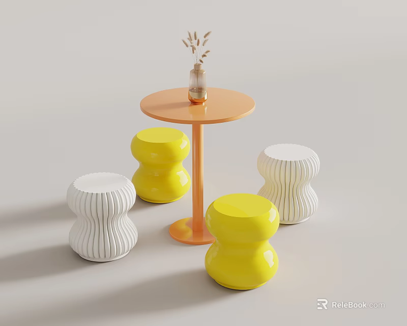 Orange Round Table With Yellow White Ribbed Stools And Dried Grass Vase 3d model