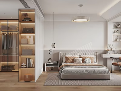 Modern Minimalist Bedroom Interior With Platform Bed Open Wardrobe Desk And Pendant Light 3d model