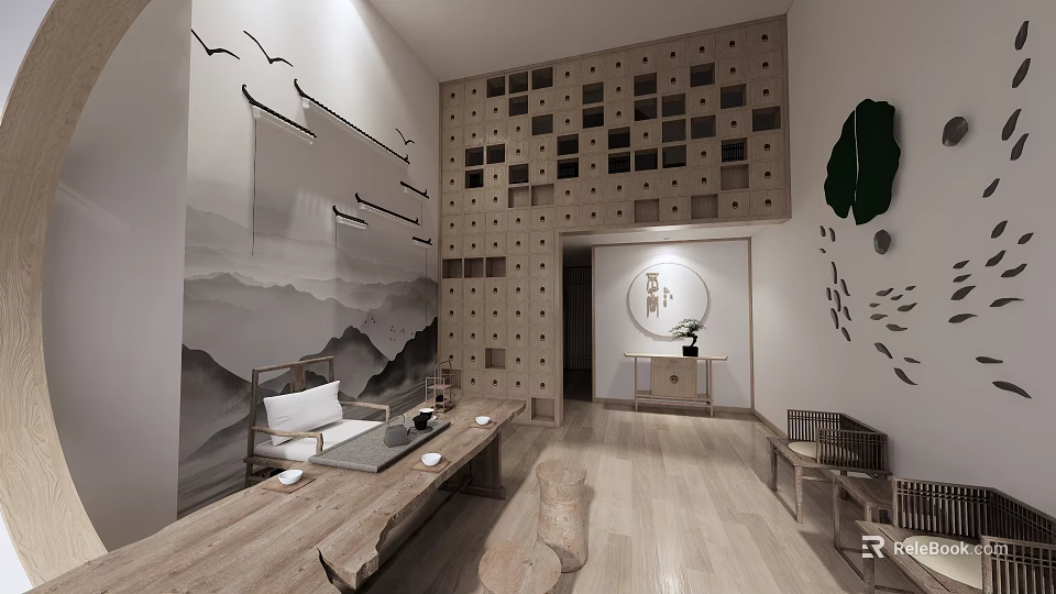 Traditional Chinese Interior With Wooden Elements Mountain Water Mural Bird Decorations And Tea Table 3d model 