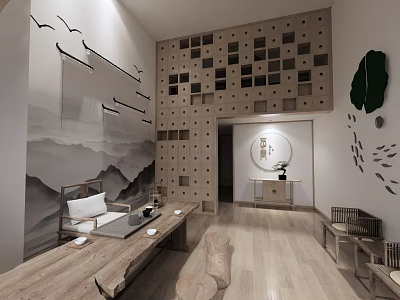 Traditional Chinese Interior With Wooden Elements Mountain Water Mural Bird Decorations And Tea Table 3d model
