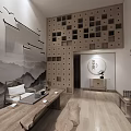 Traditional Chinese Interior With Wooden Elements Mountain Water Mural Bird Decorations And Tea Table