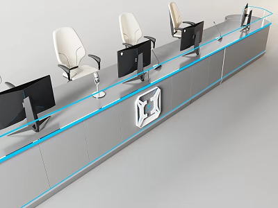 Modern Workstation Console With White Chairs Computer Monitors And Blue LED Strips 3d model