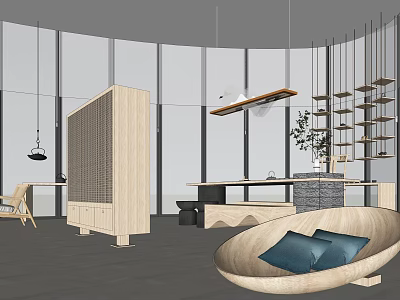 Modern Tea House Interior Design With Large Windows Wooden Furniture And Curved Sofa 3d model