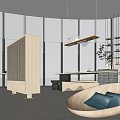 Modern Tea House Interior Design With Large Windows Wooden Furniture And Curved Sofa