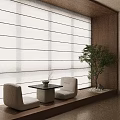 Serene Tea Room Interior With White Vertical Striped Curtains Wooden Walls And Beige Chairs