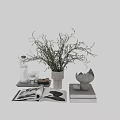Decorative Ornament Arrangement With Botanical Vase Tray Glass Bottle Books And Sculpture