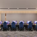 Modern Internet Cafe Interior With Blue Gaming Chairs And Multiple Computers 3d model