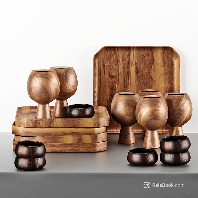 Wooden Tableware Set with Cups Tray Stacked Coasters and Natural Wood Grain Design 3d model 