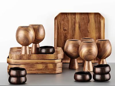 Wooden Tableware Set with Cups Tray Stacked Coasters and Natural Wood Grain Design 3d model