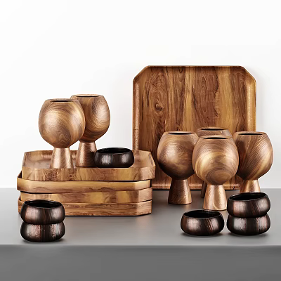 Wooden Tableware Set with Cups Tray Stacked Coasters and Natural Wood Grain Design 3d model